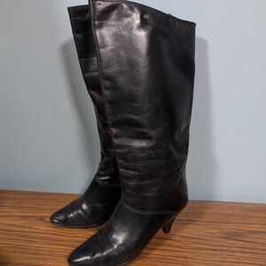 Women's Sz 9 Elegant Black Leather Knee-High Heeled Boots
